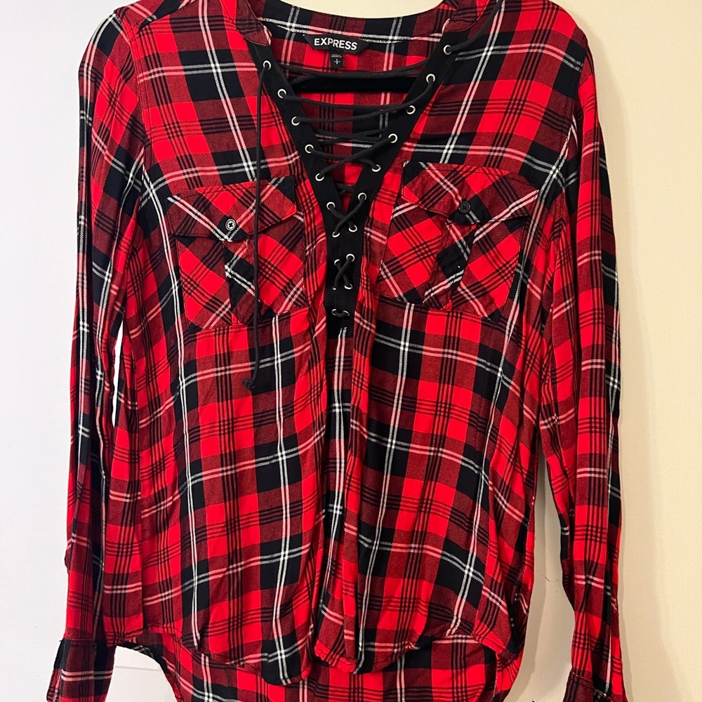 Express Plaid Blouse - red & black, size ‘S’